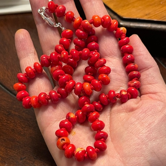 Red coral bead solid sterling silver long necklace - Picture 8 of 9